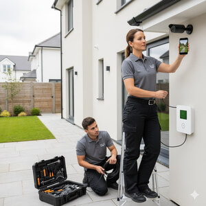 Técnicos instalando una cámara de seguridad y un panel de alarma en una casa en CABA
